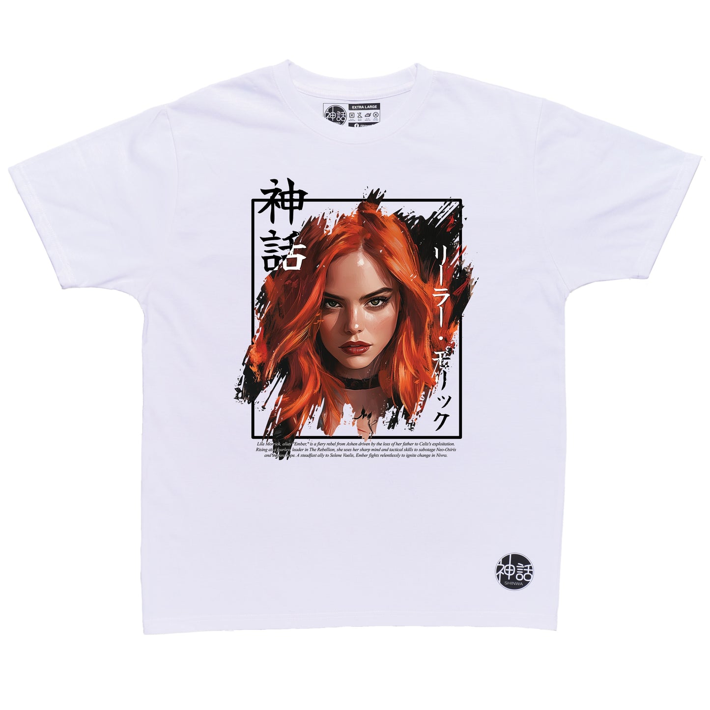 red-haired woman wearing leather jacket in white t-shirt by Shinwa, streetwear brand from the Philippines