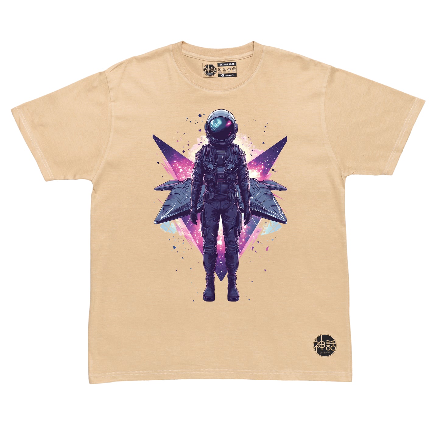 lone astronaut standing in front of his space ship on beige t-shirt by Shinwa, streetwear brand from the Philippines