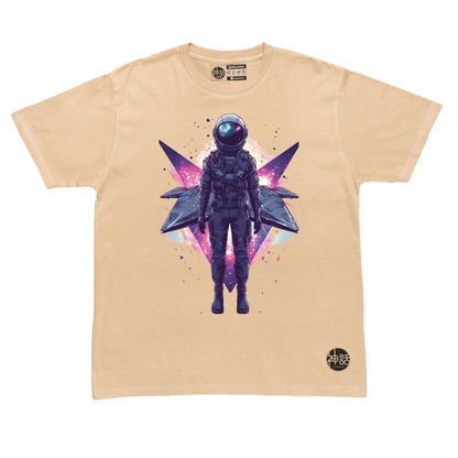 lone astronaut standing in front of his space ship on beige t-shirt by Shinwa, streetwear brand from the Philippines