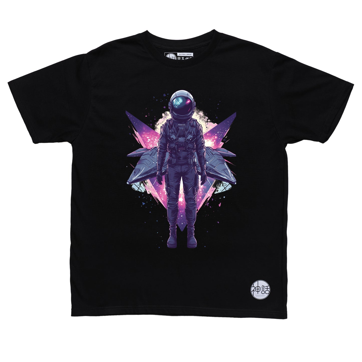 lone astronaut standing in front of his space ship on black t-shirt by Shinwa, streetwear brand from the Philippines