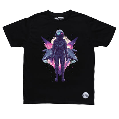 lone astronaut standing in front of his space ship on black t-shirt by Shinwa, streetwear brand from the Philippines