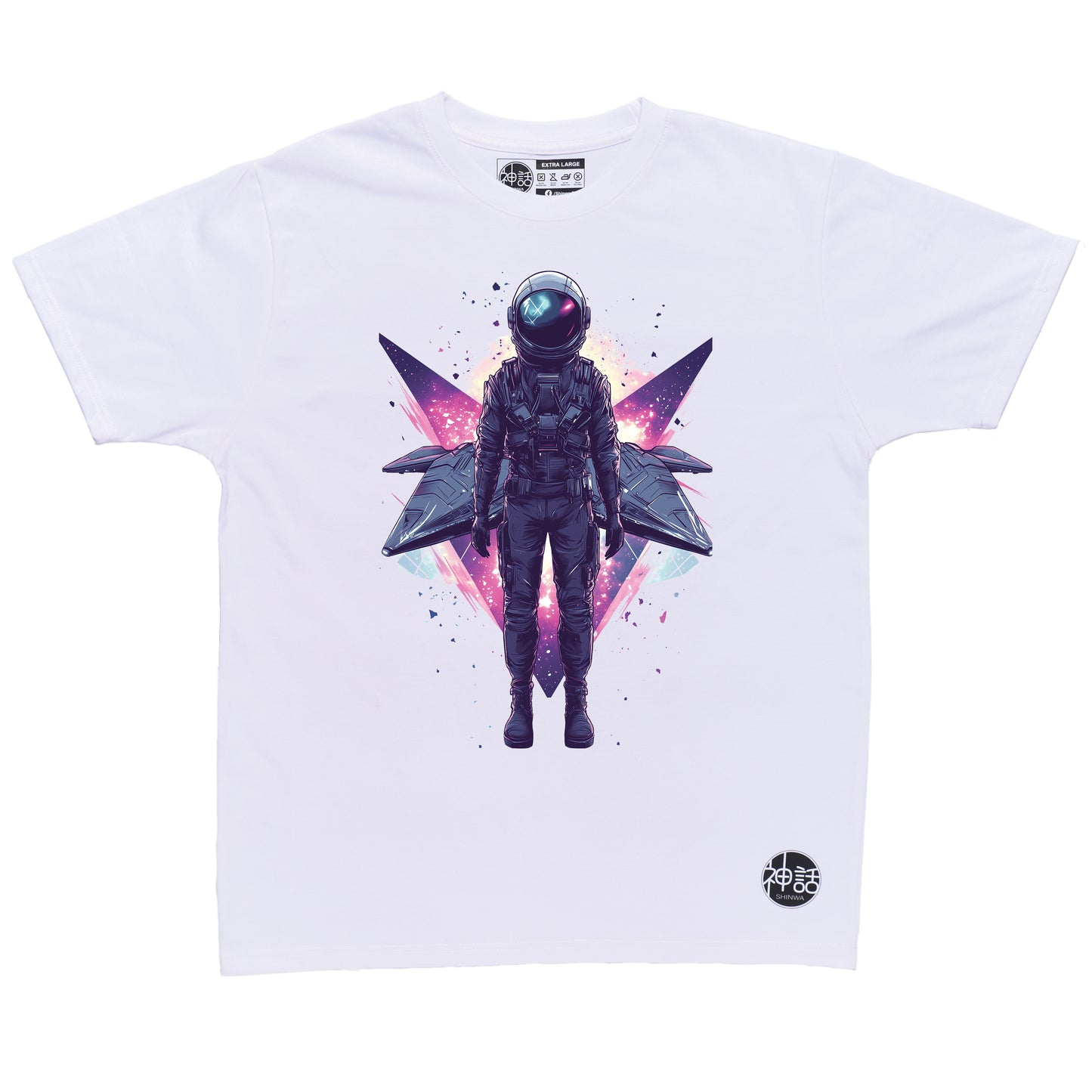 lone astronaut standing in front of his space ship on white t-shirt by Shinwa, streetwear brand from the Philippines