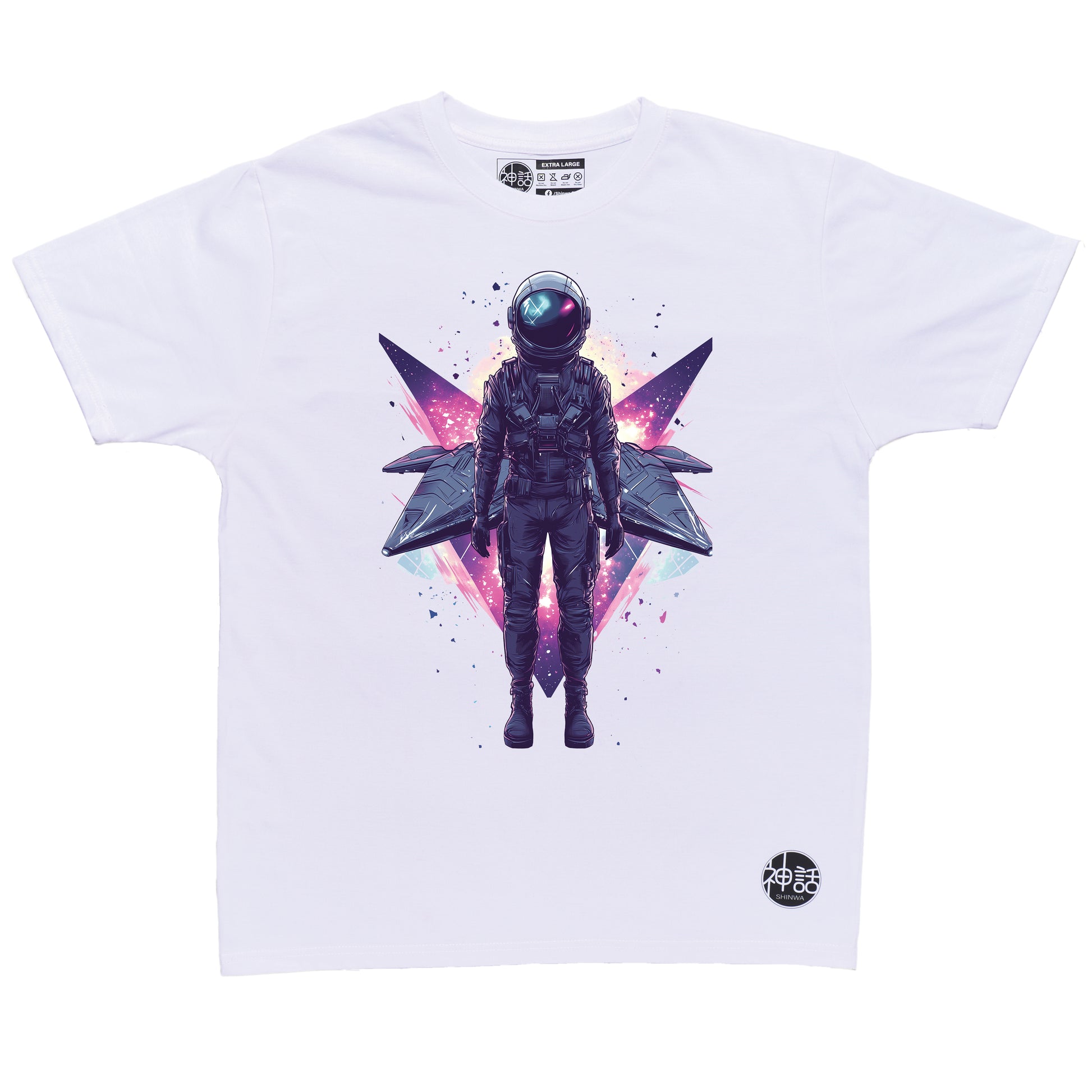 lone astronaut standing in front of his space ship on white t-shirt by Shinwa, streetwear brand from the Philippines