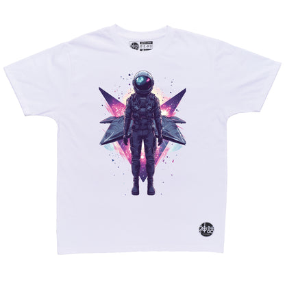 lone astronaut standing in front of his space ship on white t-shirt by Shinwa, streetwear brand from the Philippines