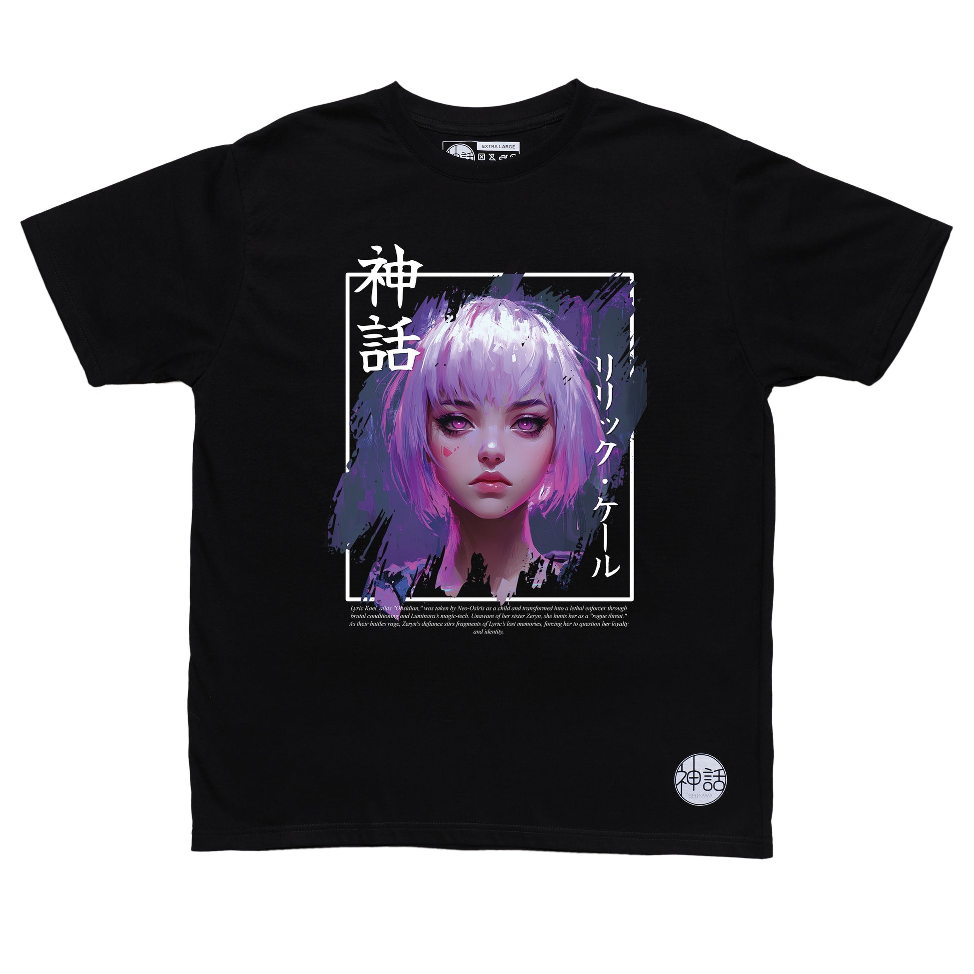 pink-haired, pink-eyed anime girl in black t-shirt by Shinwa, streetwear brand from the Philippines