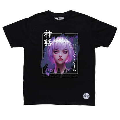 pink-haired, pink-eyed anime girl in black t-shirt by Shinwa, streetwear brand from the Philippines