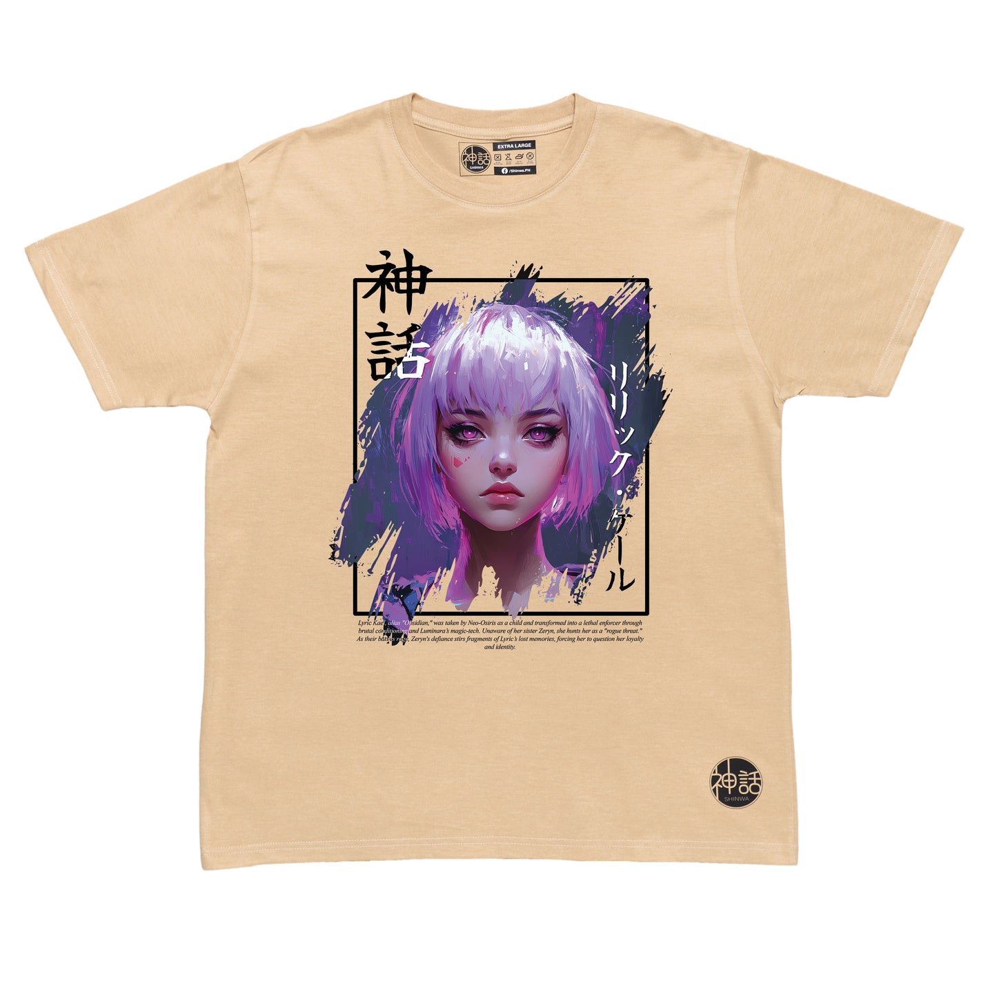 pink-haired, pink-eyed anime girl in beige t-shirt by Shinwa, streetwear brand from the Philippines