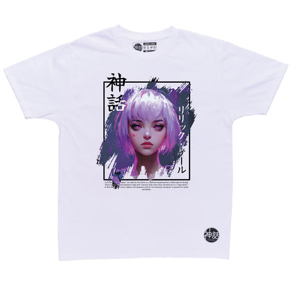 pink-haired, pink-eyed anime girl in white t-shirt by Shinwa, streetwear brand from the Philippines