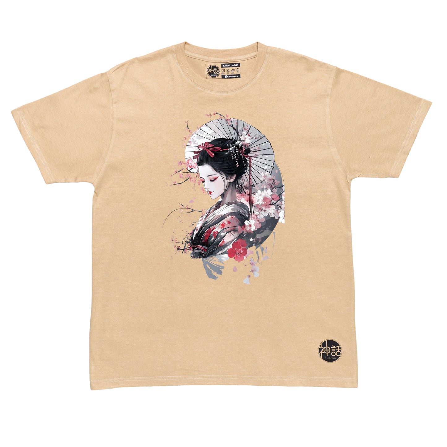 geisha with cherry blossom on beige t-shirt by Shinwa, streetwear brand from the Philippines