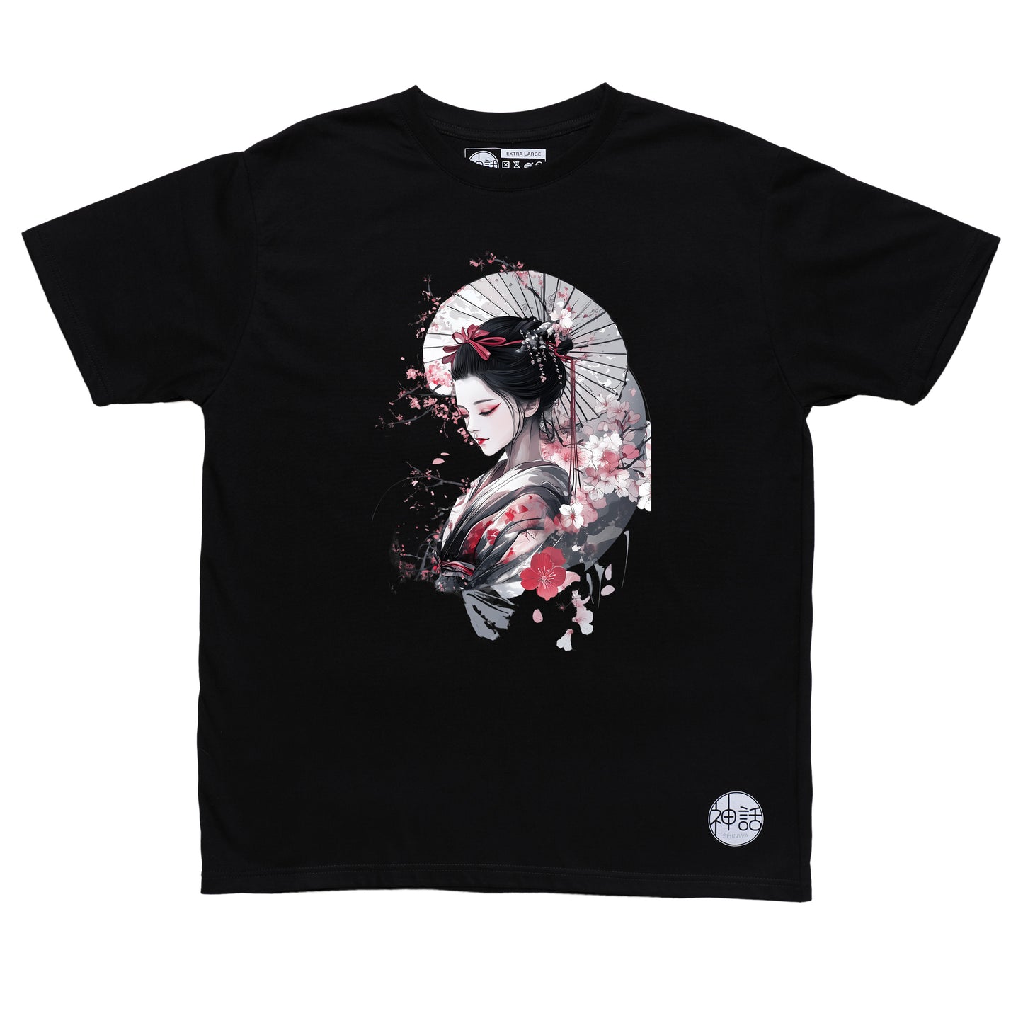 geisha with cherry blossom on black t-shirt by Shinwa, streetwear brand from the Philippines