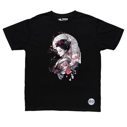 geisha with cherry blossom on black t-shirt by Shinwa, streetwear brand from the Philippines