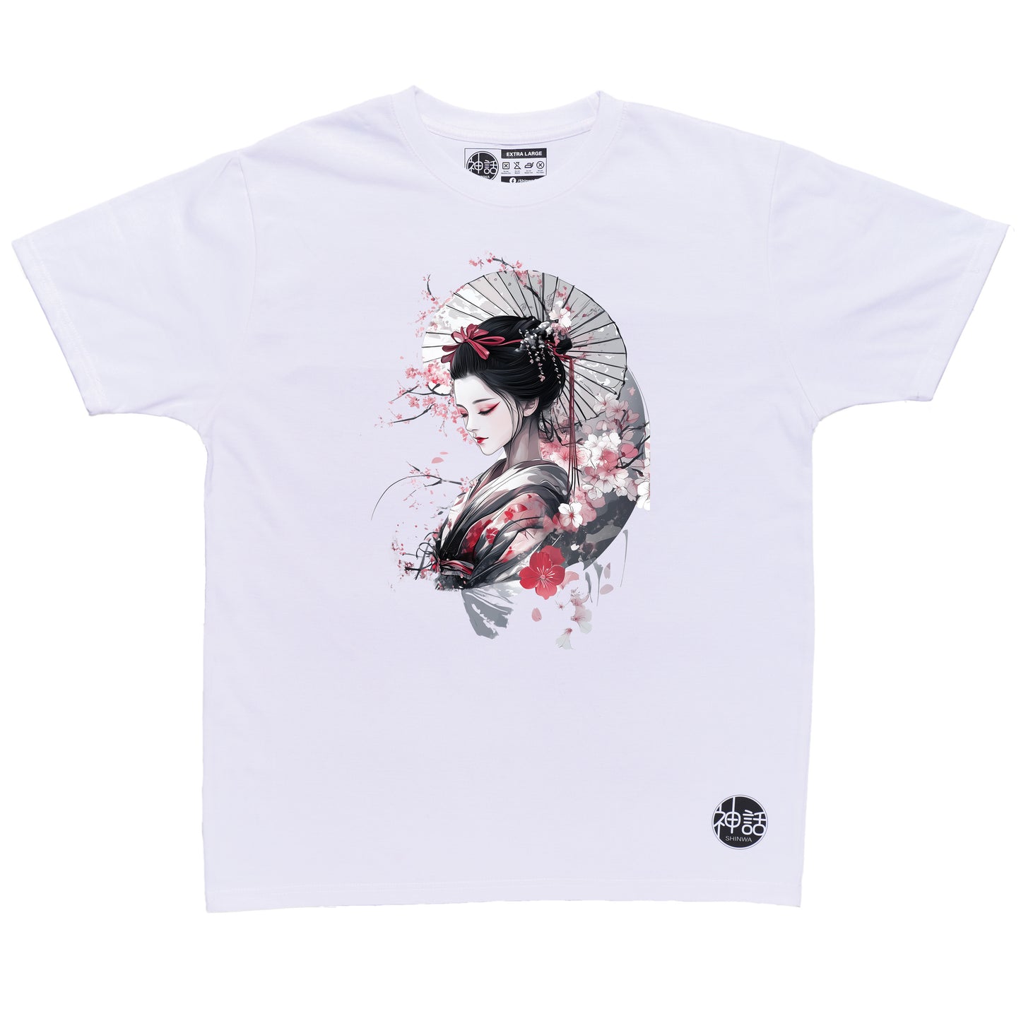 geisha with cherry blossom on white t-shirt by Shinwa, streetwear brand from the Philippines