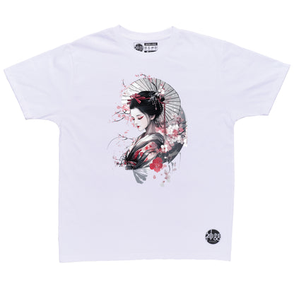 geisha with cherry blossom on white t-shirt by Shinwa, streetwear brand from the Philippines