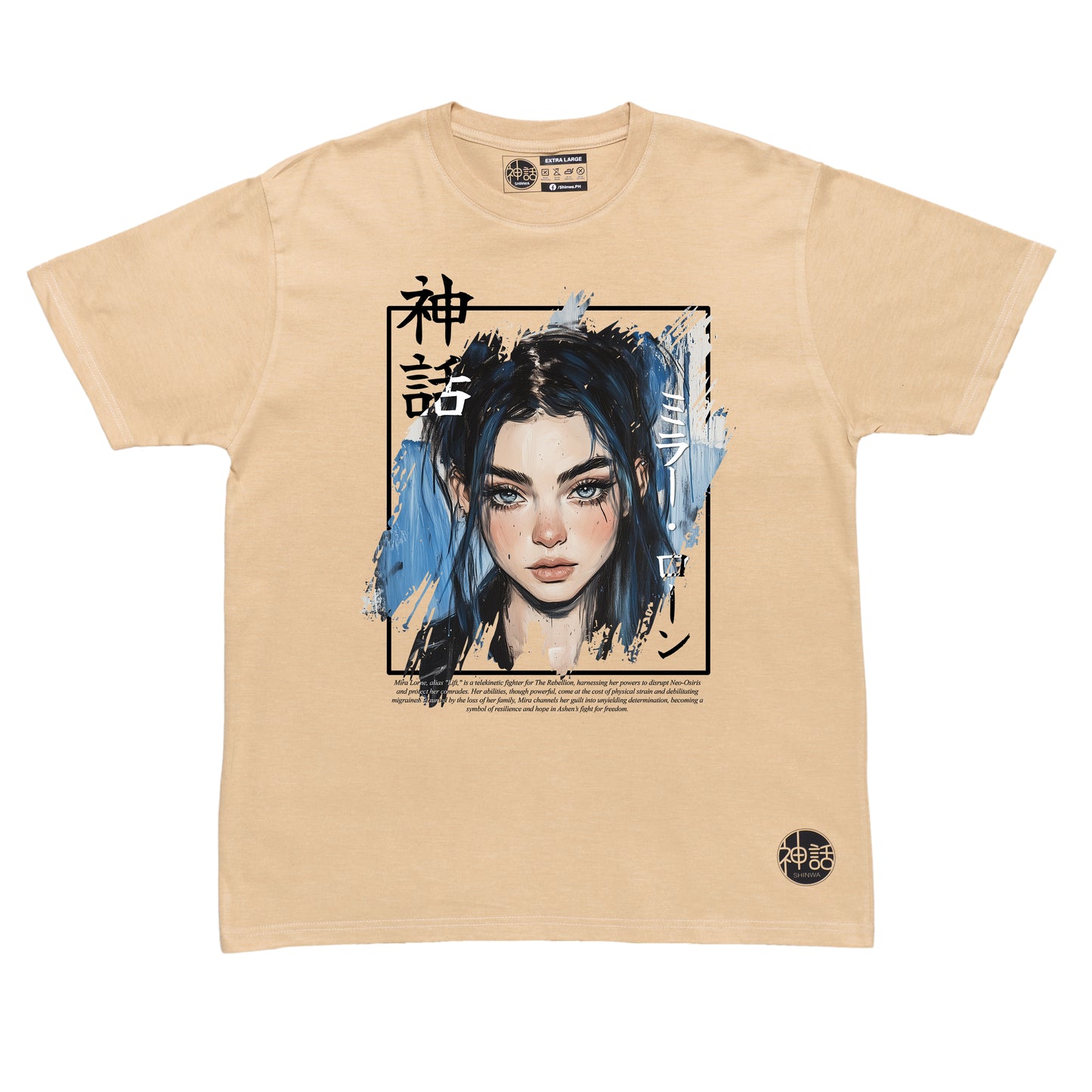 blue-haired, blue-eyed anime girl wearing a black leather jacket in beige t-shirt by Shinwa, streetwear brand from the Philippines