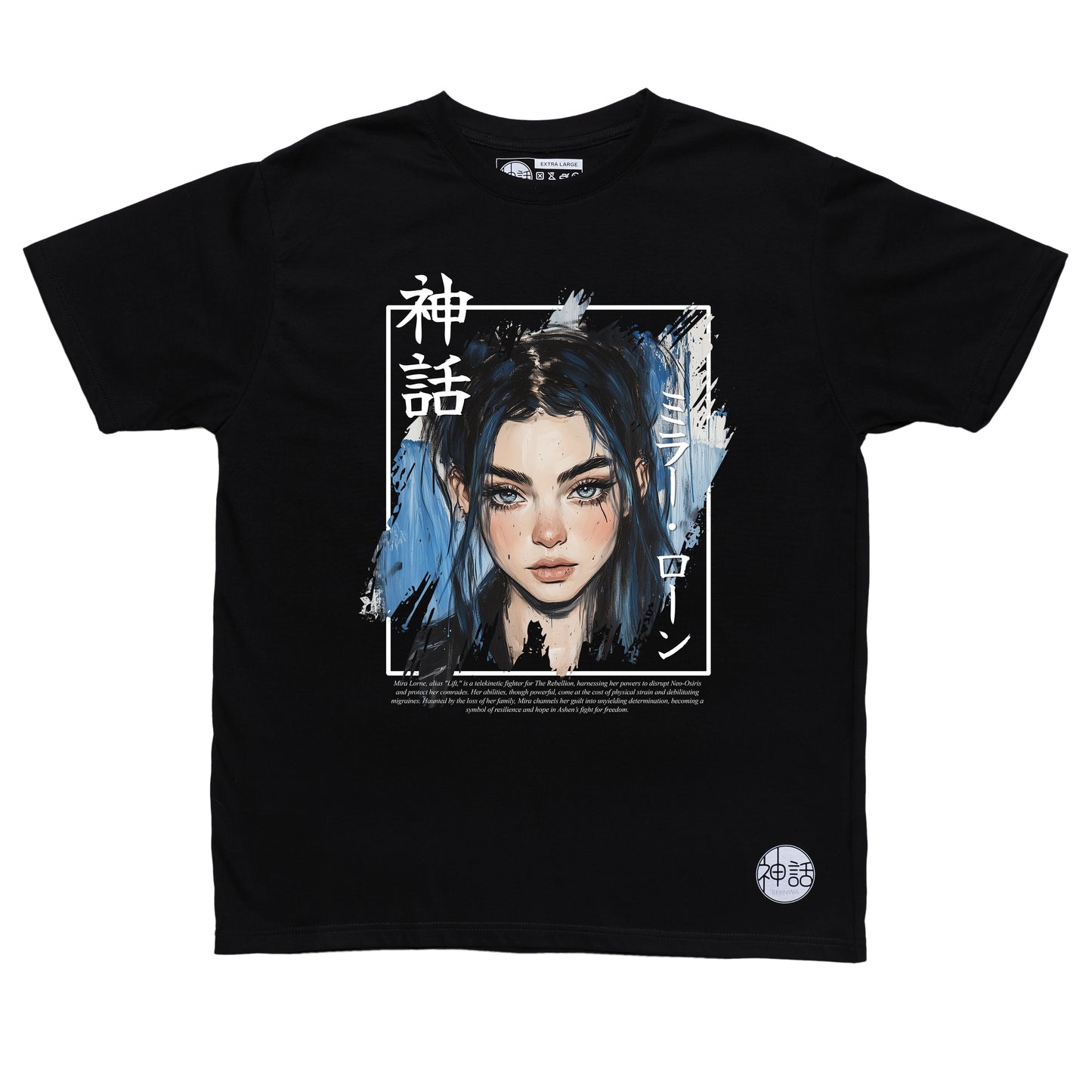 blue-haired, blue-eyed anime girl wearing a black leather jacket in black t-shirt by Shinwa, streetwear brand from the Philippines