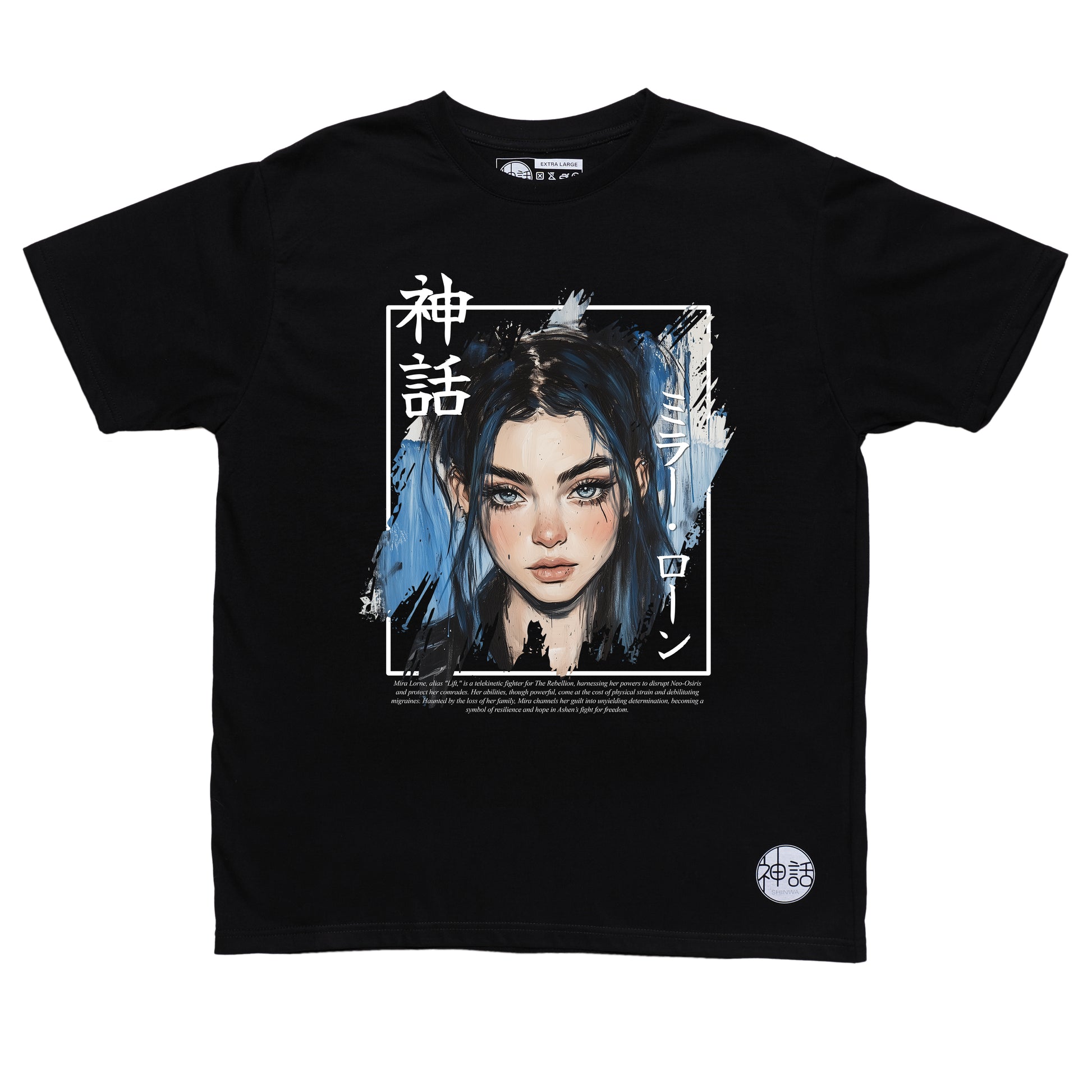 blue-haired, blue-eyed anime girl wearing a black leather jacket in black t-shirt by Shinwa, streetwear brand from the Philippines