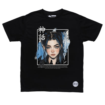 blue-haired, blue-eyed anime girl wearing a black leather jacket in black t-shirt by Shinwa, streetwear brand from the Philippines