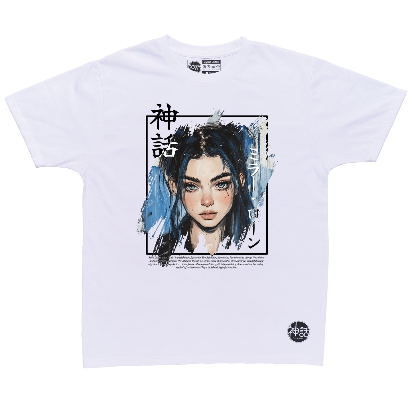 blue-haired, blue-eyed anime girl wearing a white leather jacket in black t-shirt by Shinwa, streetwear brand from the Philippines