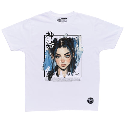 blue-haired, blue-eyed anime girl wearing a white leather jacket in black t-shirt by Shinwa, streetwear brand from the Philippines