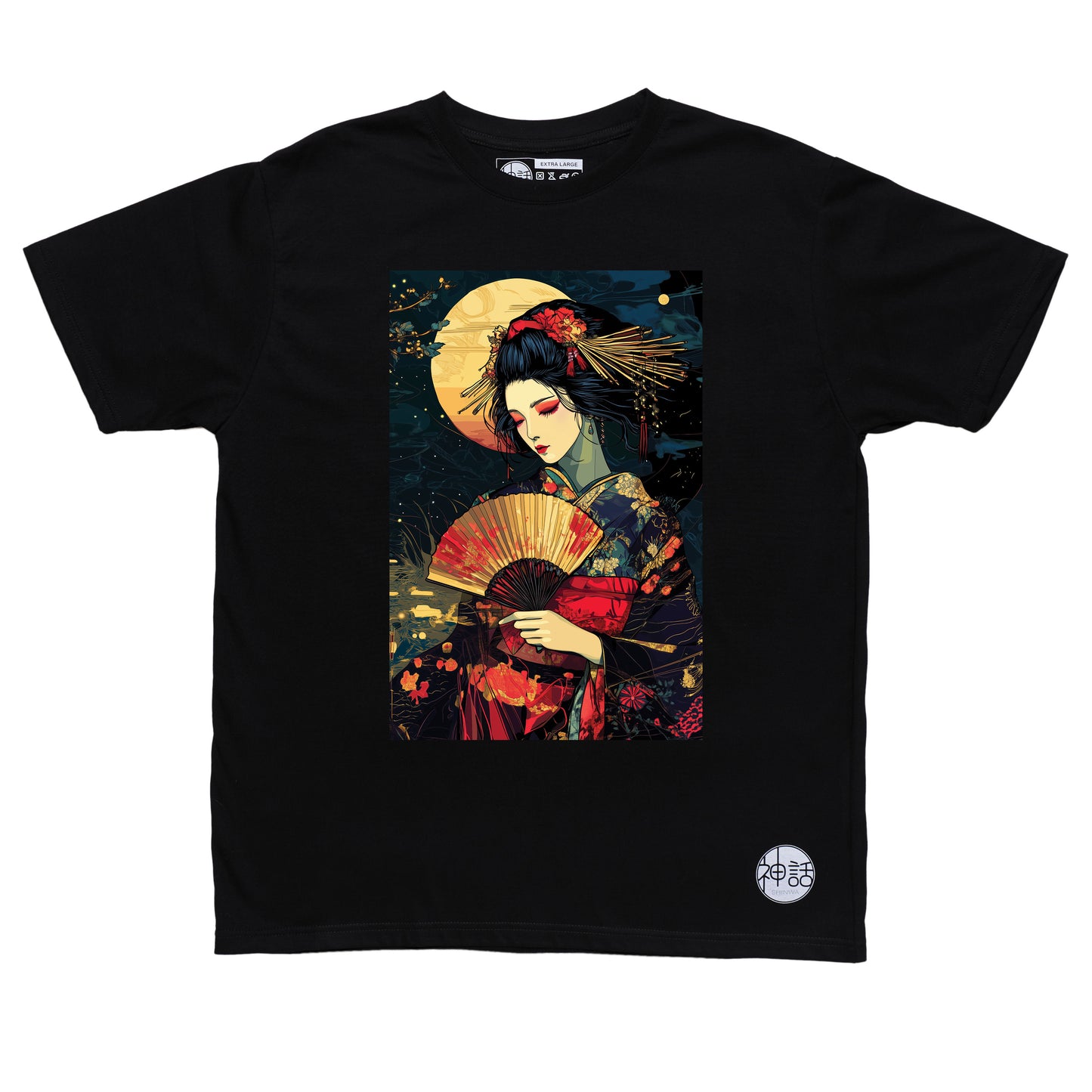 geisha holding a colorful fan against the moon in black t-shirt by Shinwa, streetwear brand from the Philippines