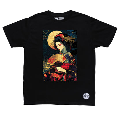 geisha holding a colorful fan against the moon in black t-shirt by Shinwa, streetwear brand from the Philippines
