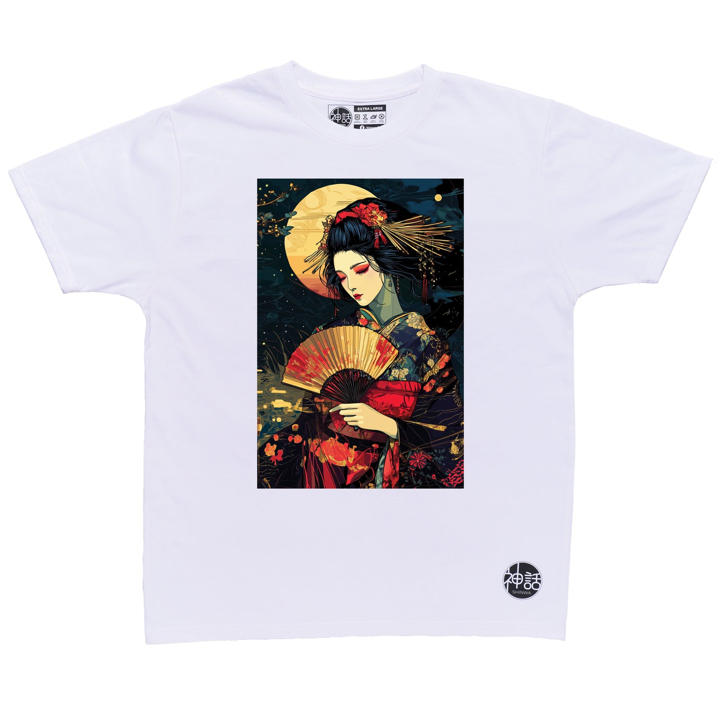 geisha holding a colorful fan against the moon in white t-shirt by Shinwa, streetwear brand from the Philippines