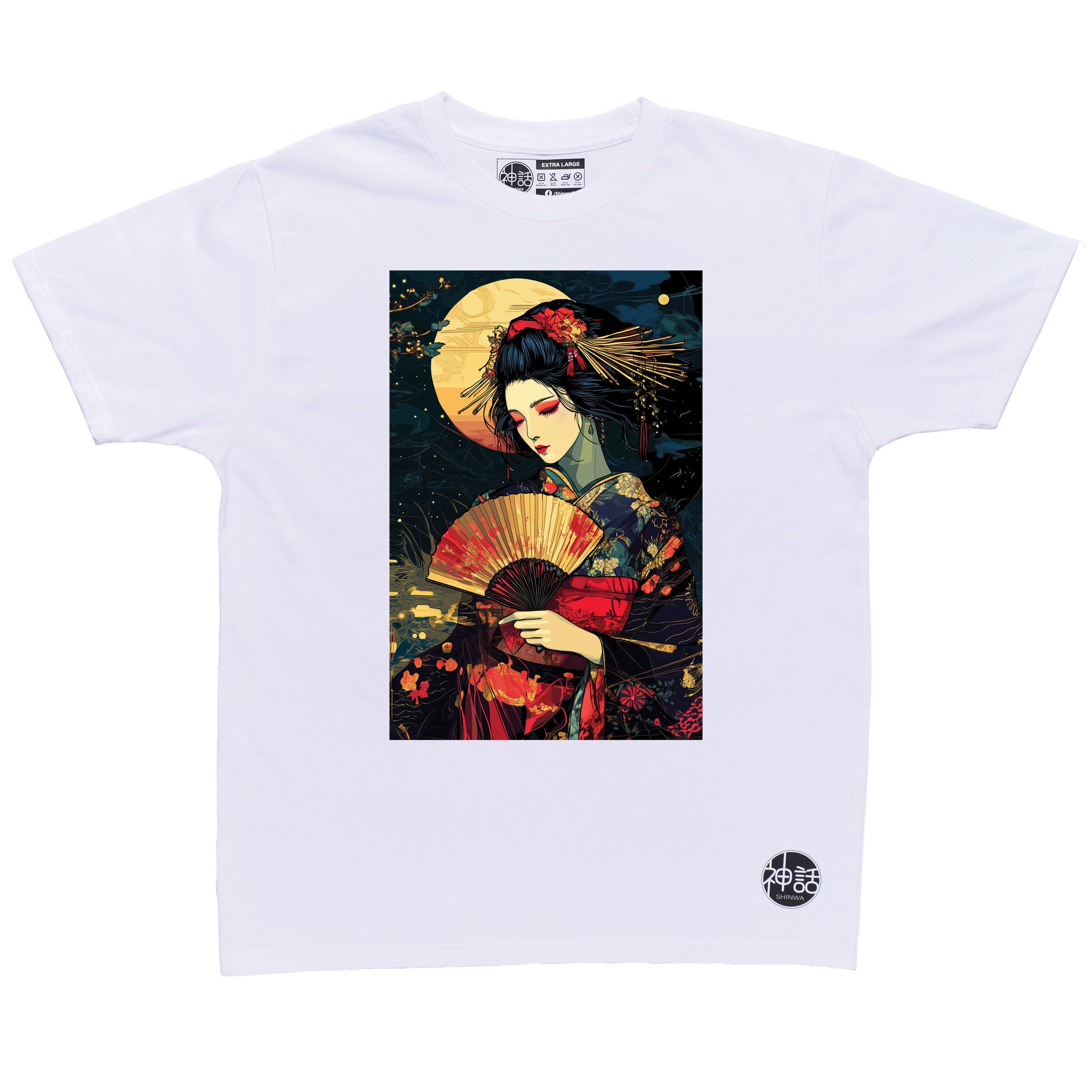 geisha holding a colorful fan against the moon in white t-shirt by Shinwa, streetwear brand from the Philippines