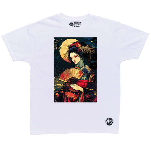 geisha holding a colorful fan against the moon in white t-shirt by Shinwa, streetwear brand from the Philippines