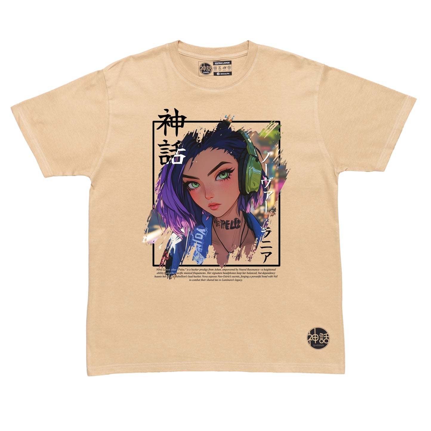 purple-haired streetwear anime girl with green headphones in beige t-shirt by Shinwa, streetwear brand from the Philippines