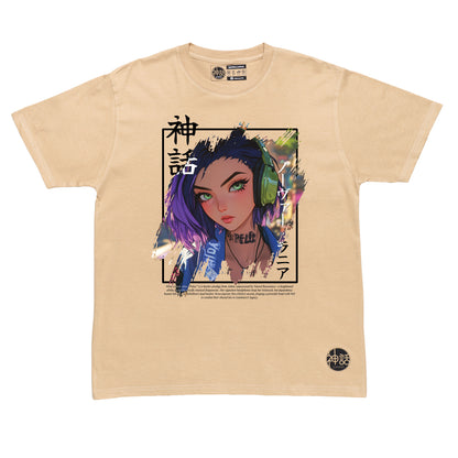 purple-haired streetwear anime girl with green headphones in beige t-shirt by Shinwa, streetwear brand from the Philippines