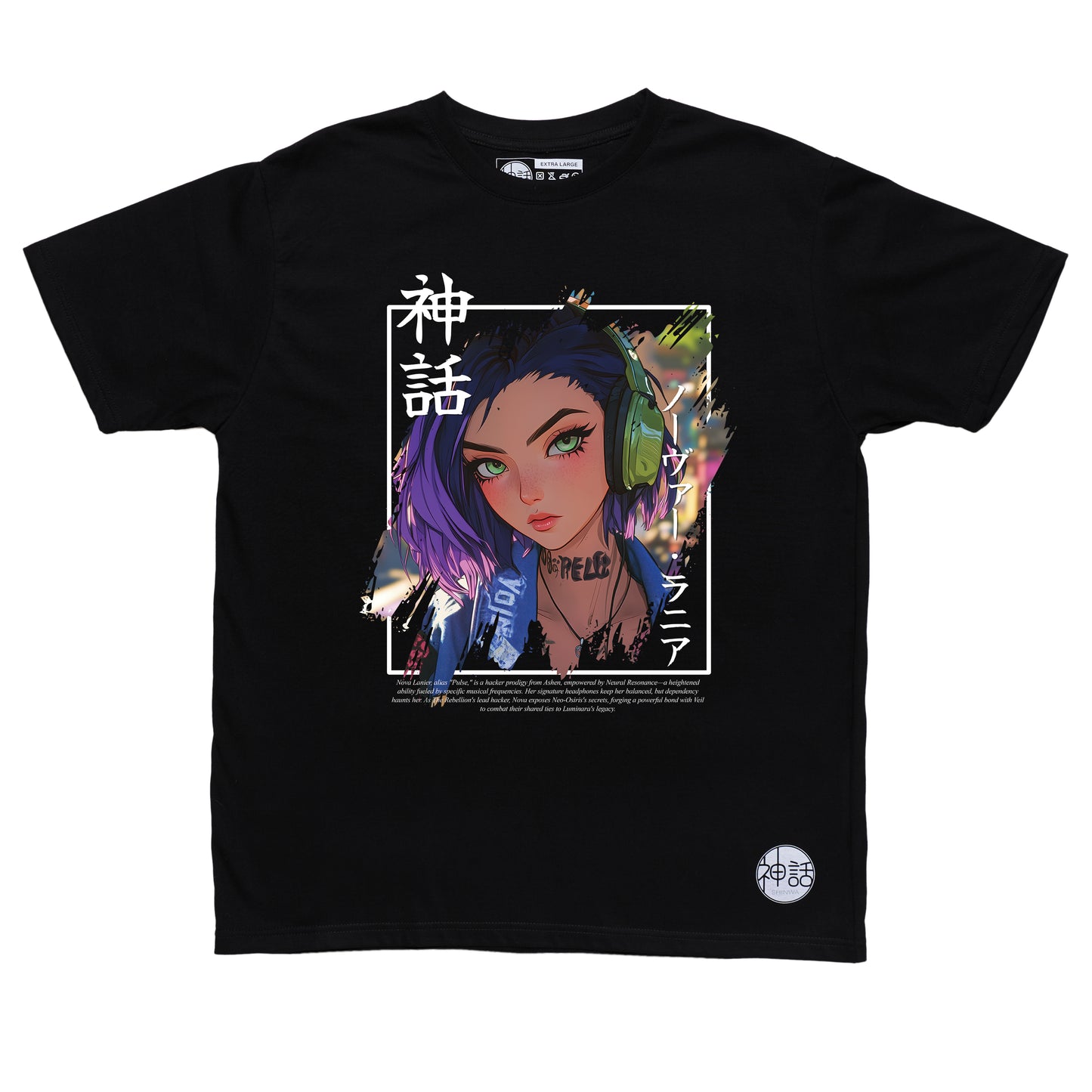 purple-haired streetwear anime girl with green headphones in black t-shirt by Shinwa, streetwear brand from the Philippines