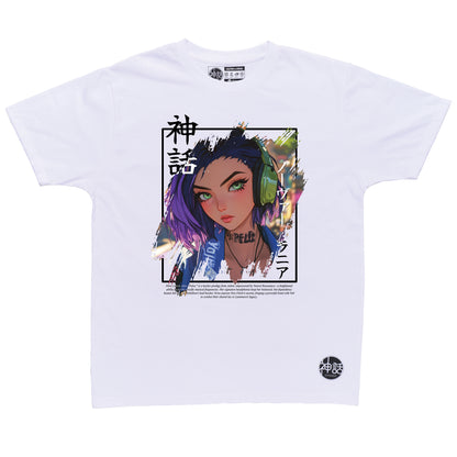 purple-haired streetwear anime girl with green headphones in white t-shirt by Shinwa, streetwear brand from the Philippines