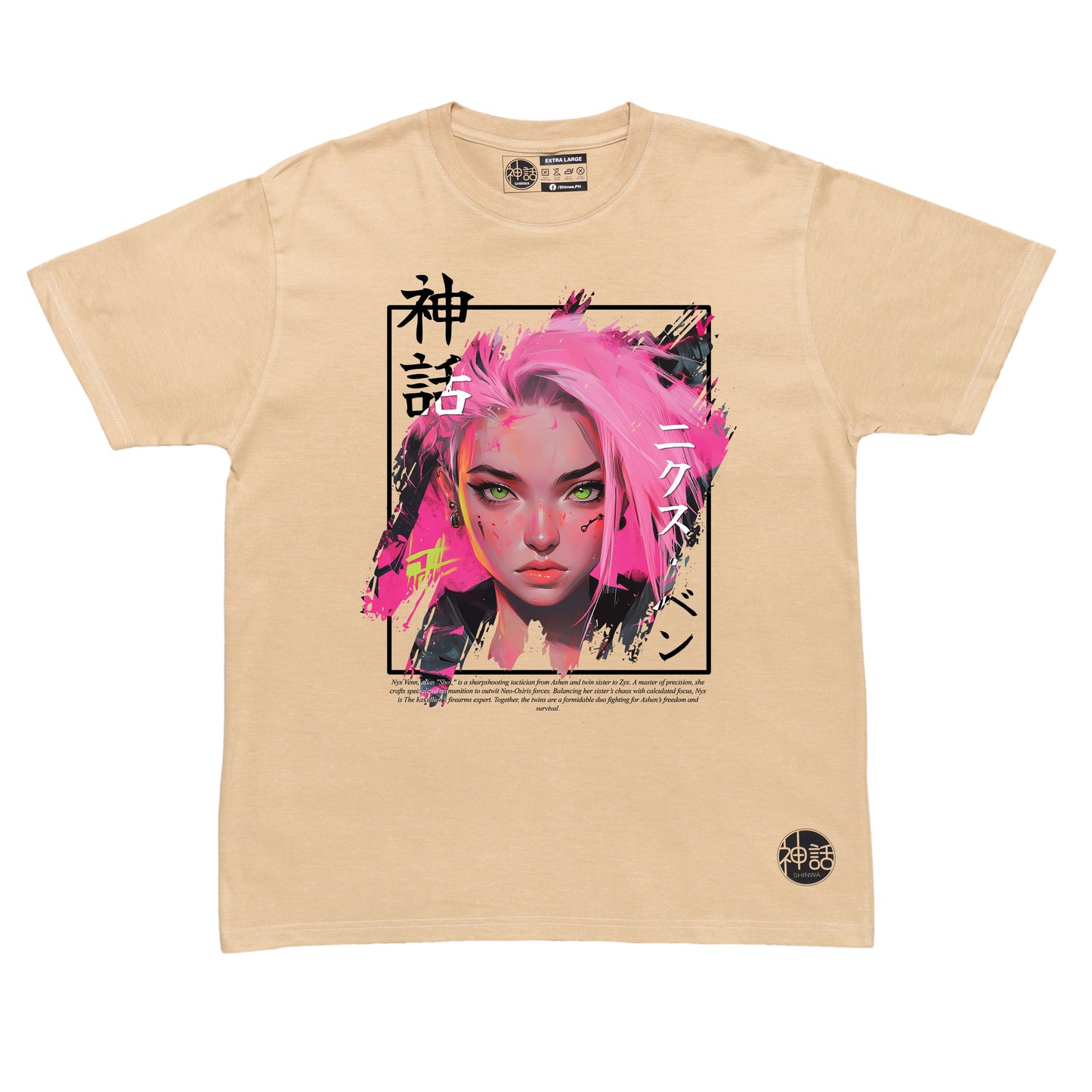 pink-haired streetwear anime girl in beiget-shirt by Shinwa, streetwear brand from the Philippines