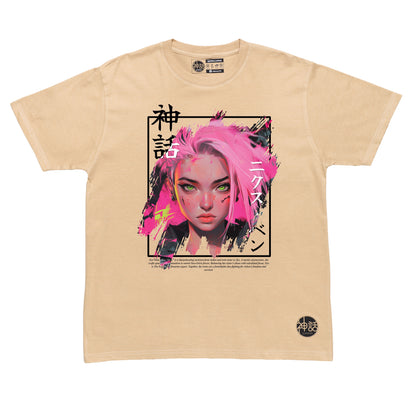 pink-haired streetwear anime girl in beiget-shirt by Shinwa, streetwear brand from the Philippines
