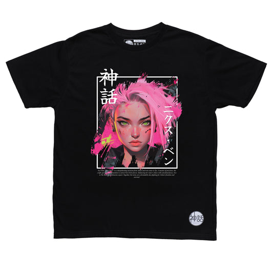 pink-haired streetwear anime girl in black t-shirt by Shinwa, streetwear brand from the Philippines