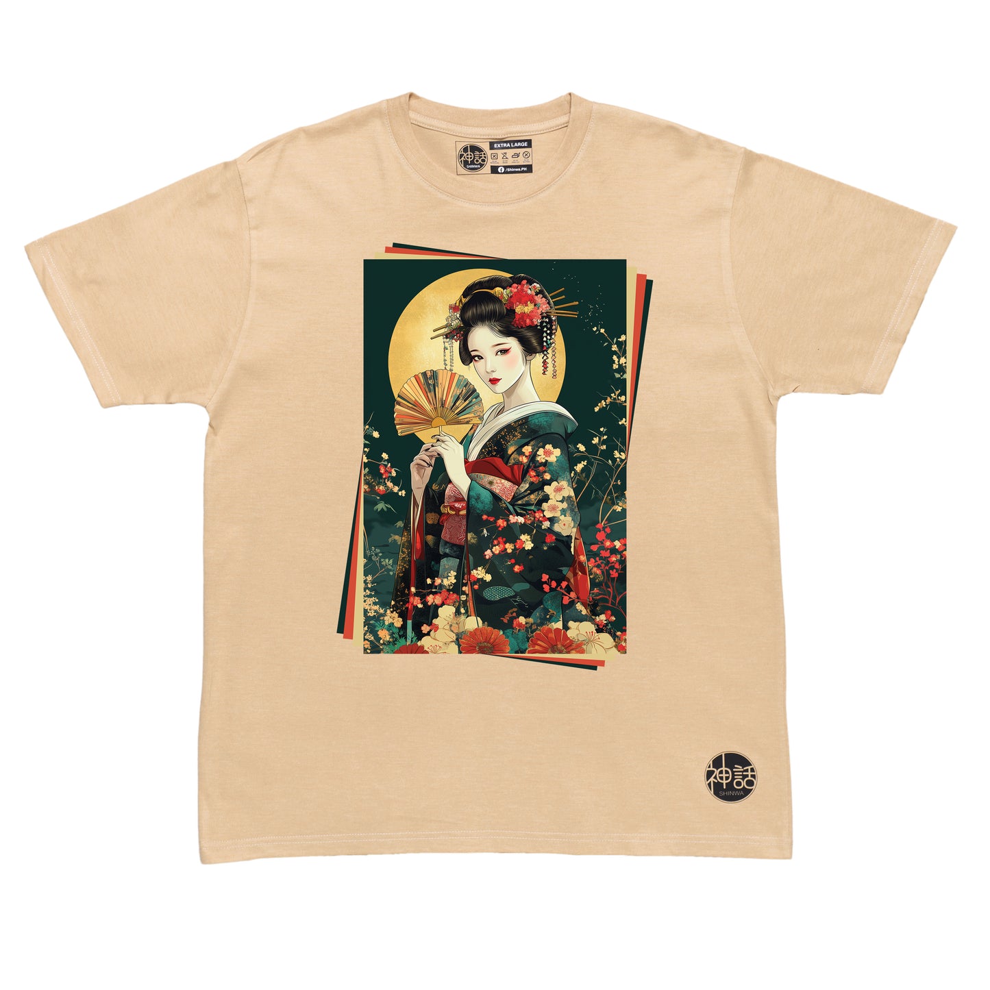 painted geisha holding a traditional fan against the moon in beige t-shirt by Shinwa, streetwear brand from the Philippines