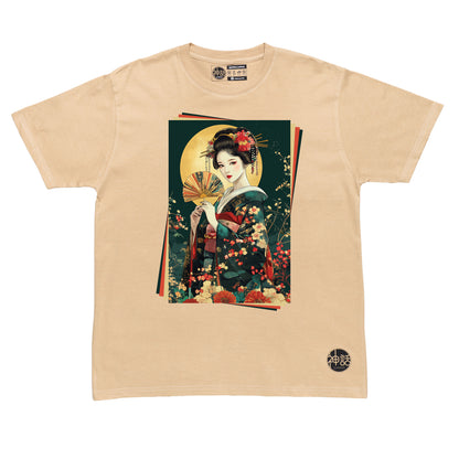 painted geisha holding a traditional fan against the moon in beige t-shirt by Shinwa, streetwear brand from the Philippines