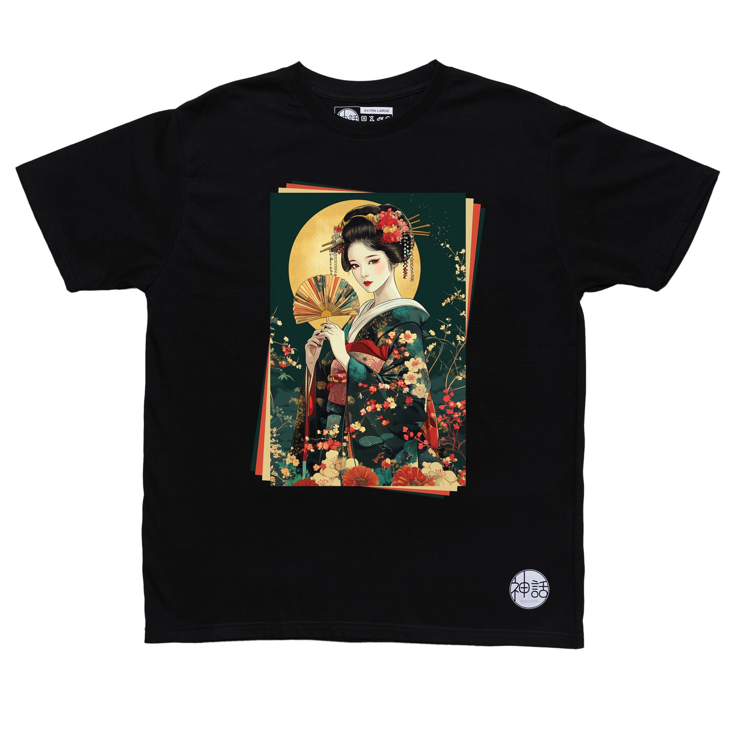 painted geisha holding a traditional fan against the moon in black t-shirt by Shinwa, streetwear brand from the Philippines