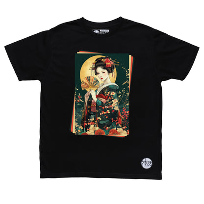 painted geisha holding a traditional fan against the moon in black t-shirt by Shinwa, streetwear brand from the Philippines