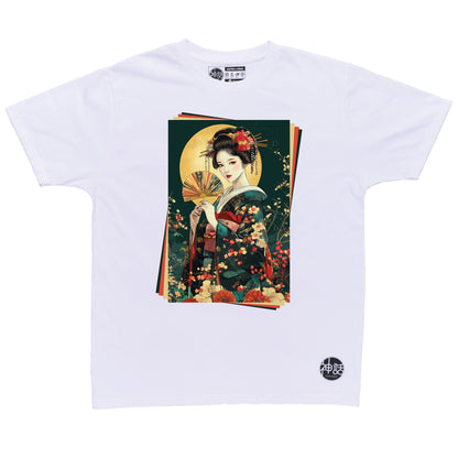 painted geisha holding a traditional fan against the moon in white t-shirt by Shinwa, streetwear brand from the Philippines
