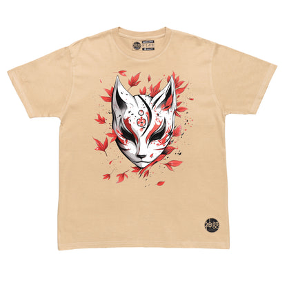 kitsune fox mask with red maple leaf background in beige t-shirt by Shinwa, streetwear brand from the Philippines