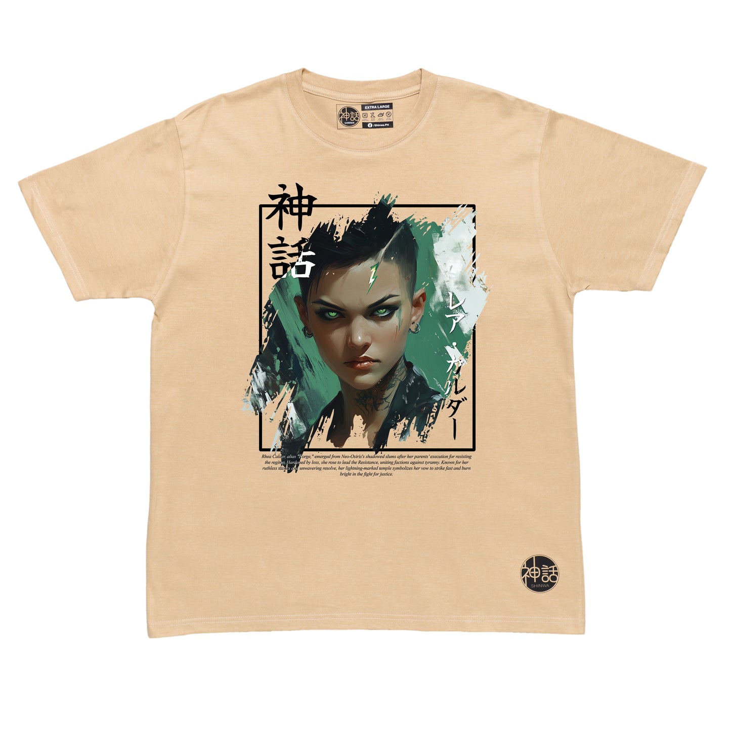 green-eyed cyberpunk anime girl with undercut in beige t-shirt by Shinwa, streetwear brand from the Philippines