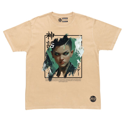 green-eyed cyberpunk anime girl with undercut in beige t-shirt by Shinwa, streetwear brand from the Philippines
