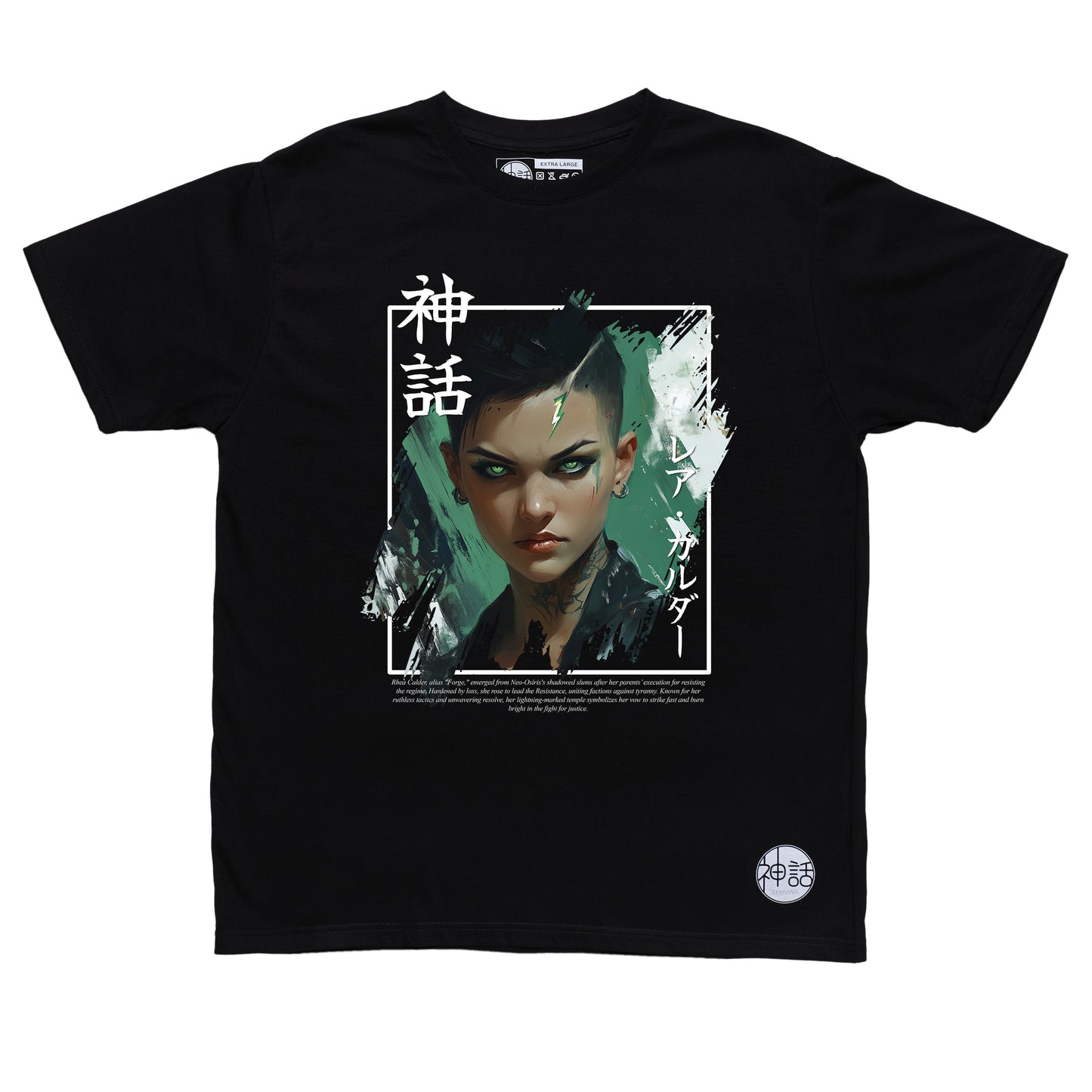 green-eyed cyberpunk anime girl with undercut in black t-shirt by Shinwa, streetwear brand from the Philippines