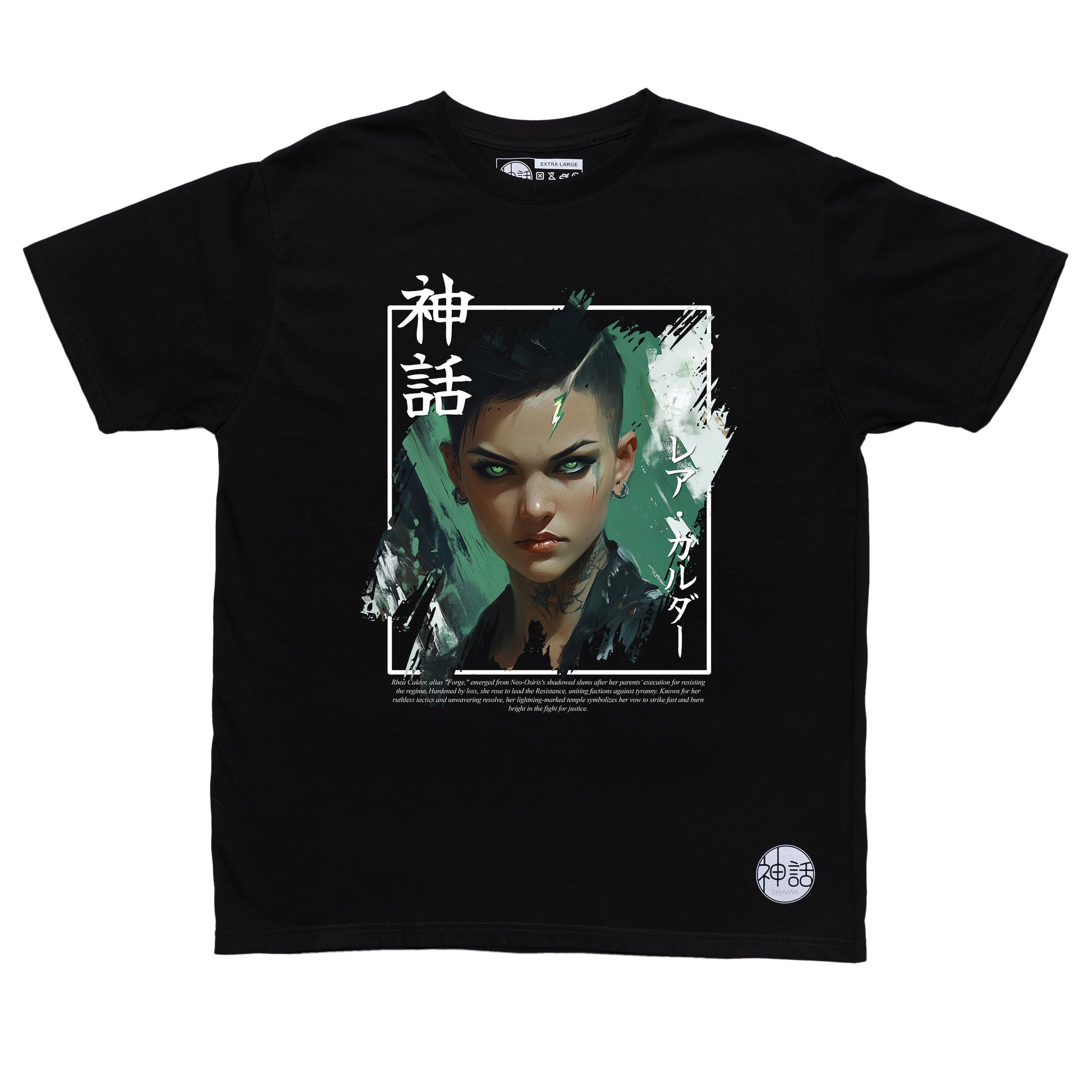 green-eyed cyberpunk anime girl with undercut in black t-shirt by Shinwa, streetwear brand from the Philippines