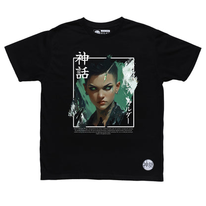 green-eyed cyberpunk anime girl with undercut in black t-shirt by Shinwa, streetwear brand from the Philippines