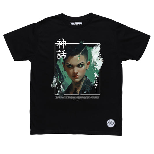 green-eyed cyberpunk anime girl with undercut in black t-shirt by Shinwa, streetwear brand from the Philippines