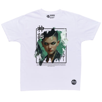green-eyed cyberpunk anime girl with undercut in white t-shirt by Shinwa, streetwear brand from the Philippines
