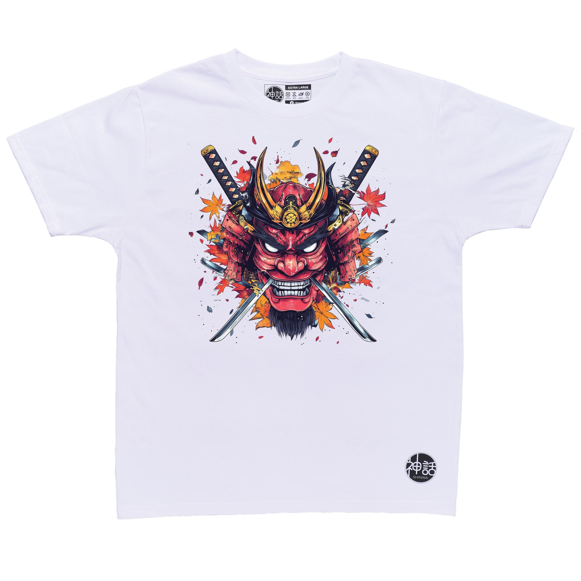 red samurai oni mask with crossed swords and autumn leaves on white t-shirt by Shinwa, streetwear brand from the Philippines