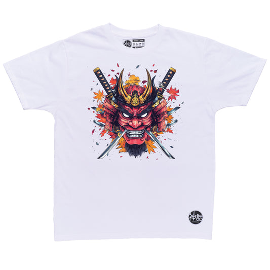 red samurai oni mask with crossed swords and autumn leaves on white t-shirt by Shinwa, streetwear brand from the Philippines